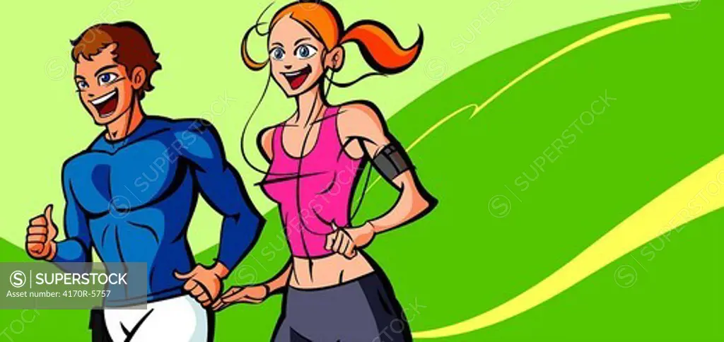 Man and a woman jogging together with a pedometer on the woman´s arm