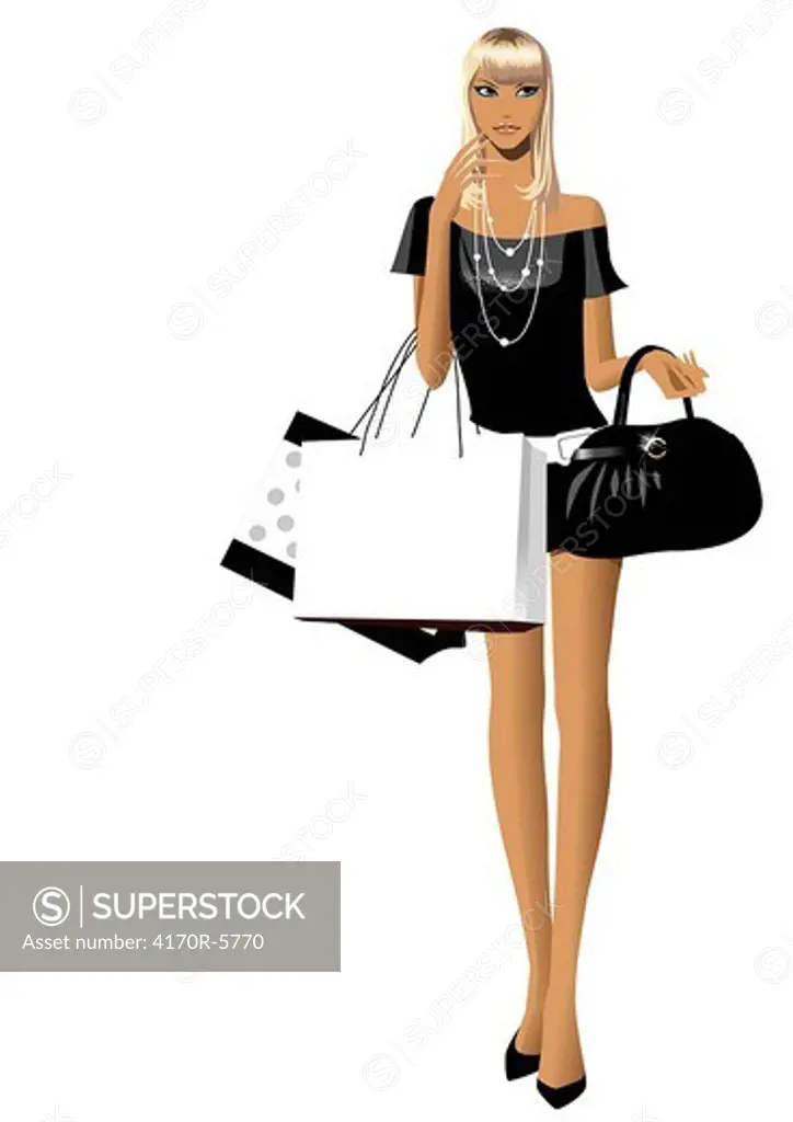 Woman carrying shopping bags and a hand bag