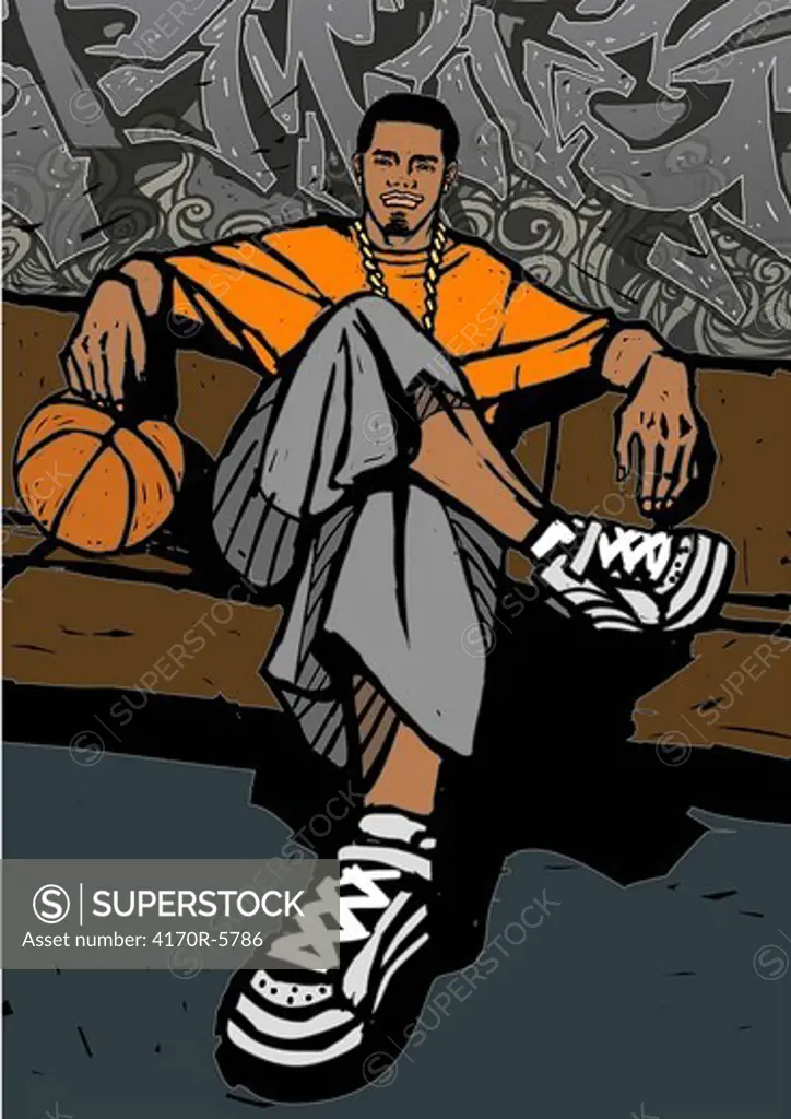 Man holding a basketball and sitting on a bench in front of a graffiti covered wall