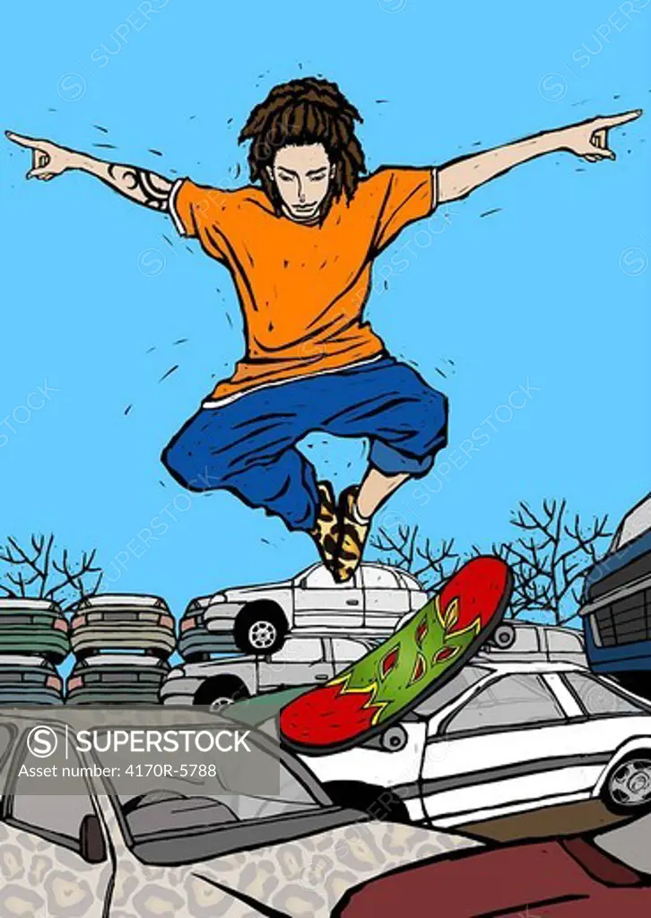 Man skateboarding over cars