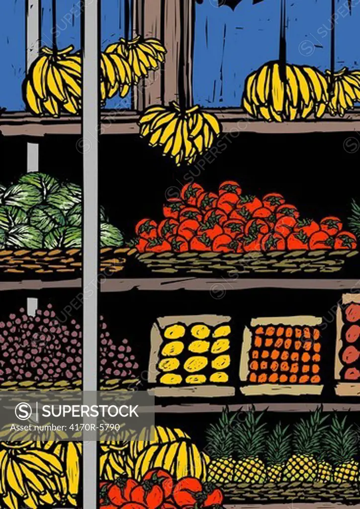 Assorted fruits at a market stall