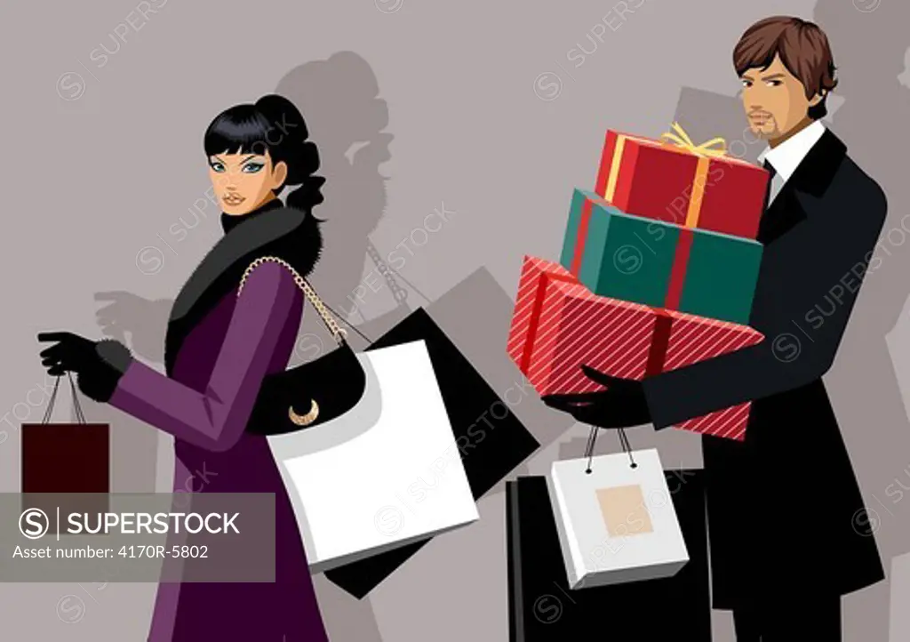 Couple carrying shopping bags and Christmas presents