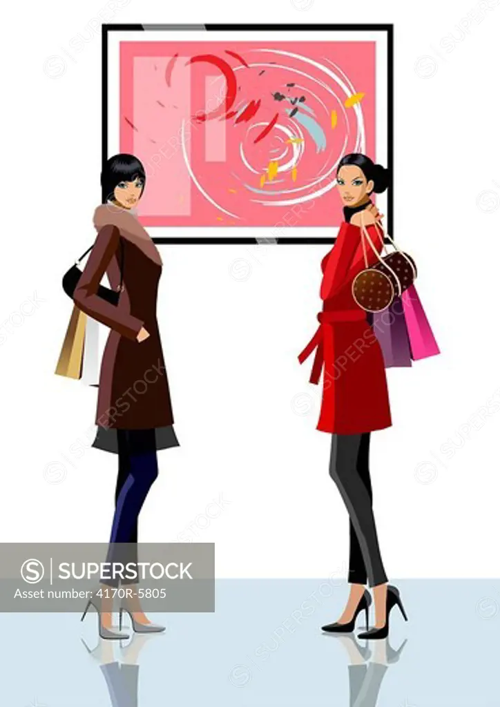 Side profile of two women holding shopping bags in front of a painting