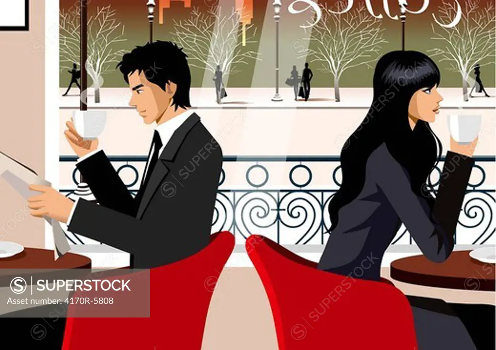 Side profile of a businessman and a businesswoman drinking tea in a restaurant