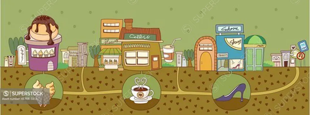 View of an ice cream parlor with cafe and shoe store