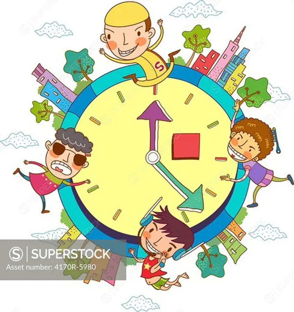 Clock face with people and buildings