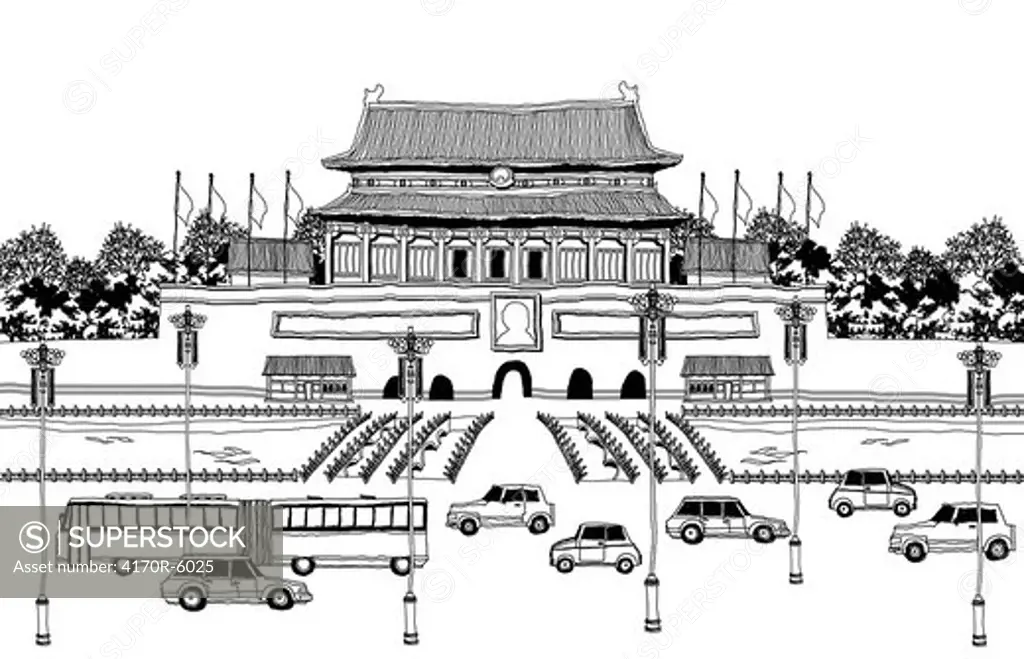 Vehicles on road by pagoda
