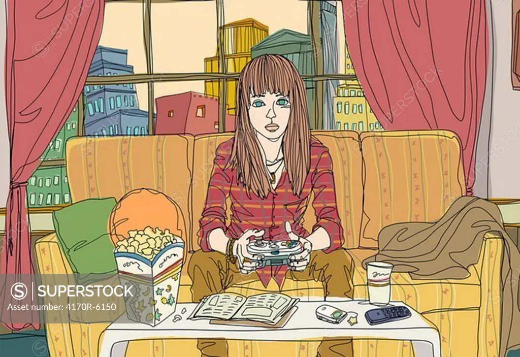 Teenage girl playing video game