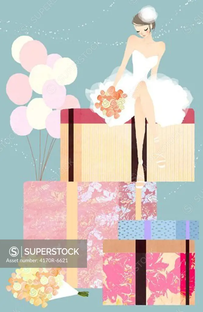 Bride sitting on stack of gifts boxes