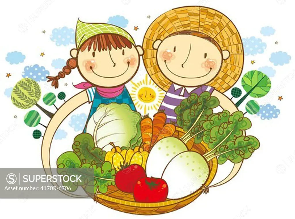 Boy and Girl holding the basket of vegetable