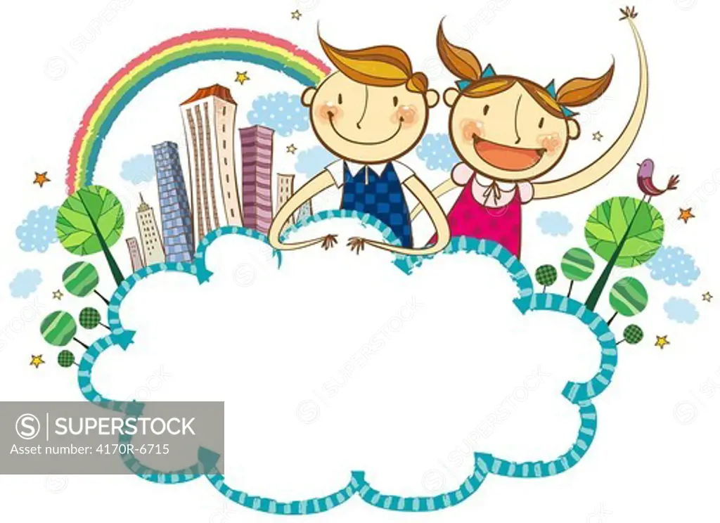 Happy children portrait against clear cloud