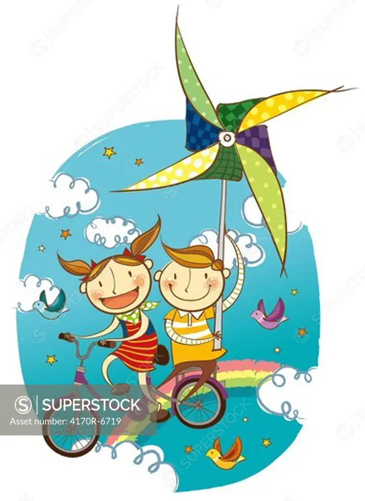 Children flying in sky on bicycle