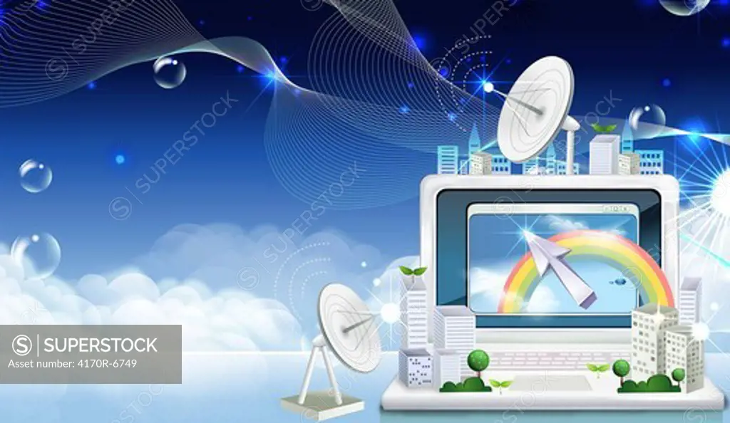 Communication Satellite Dish and laptop