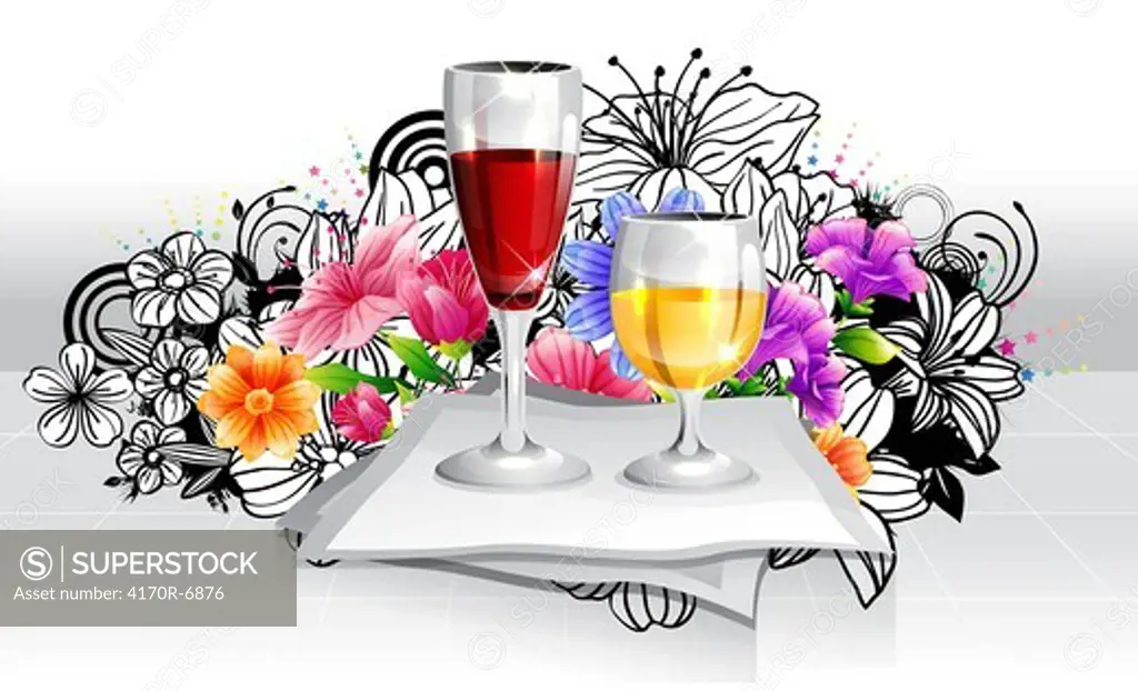 Refreshment beverage in glass with flora design