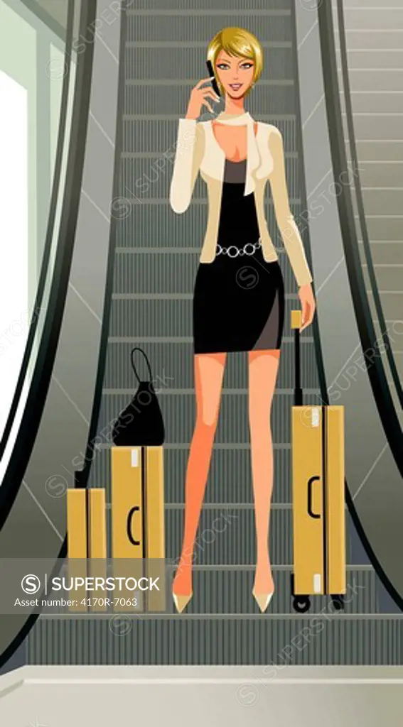 A woman with her luggage at the escalators