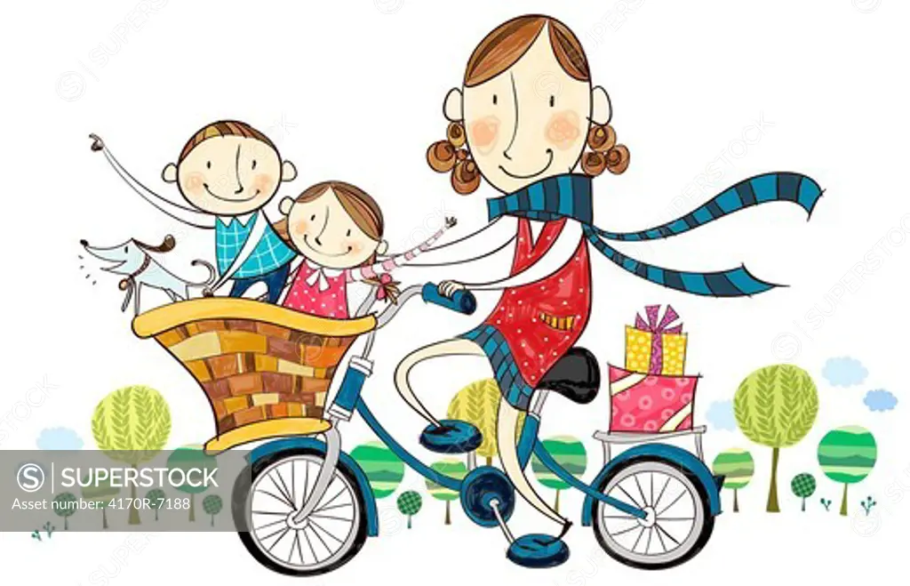Mother & children on bicycle