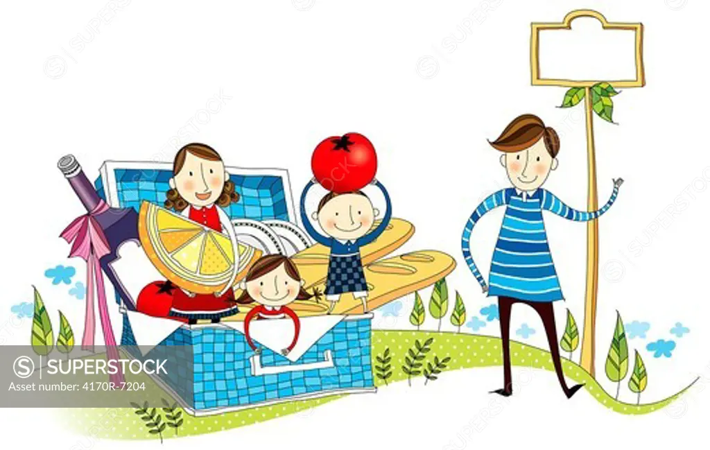 Family enjoying basket dinner at picnic