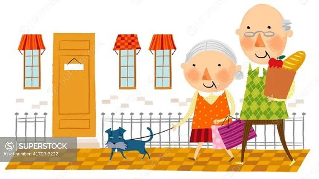 Elderly couple arriving home from shopping