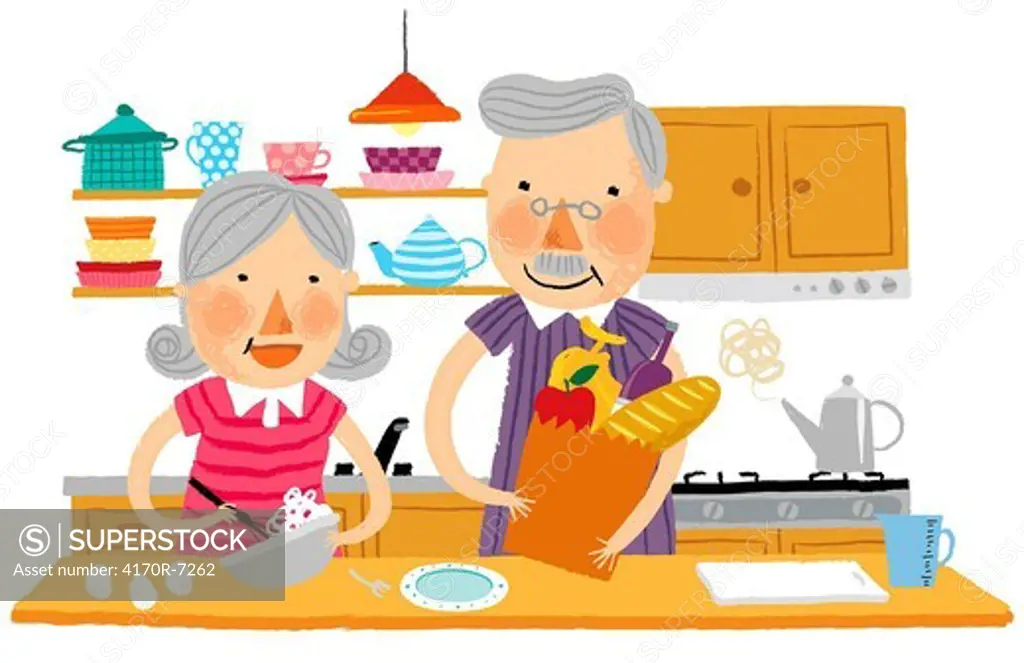 Elderly couple helping each other in kitchen