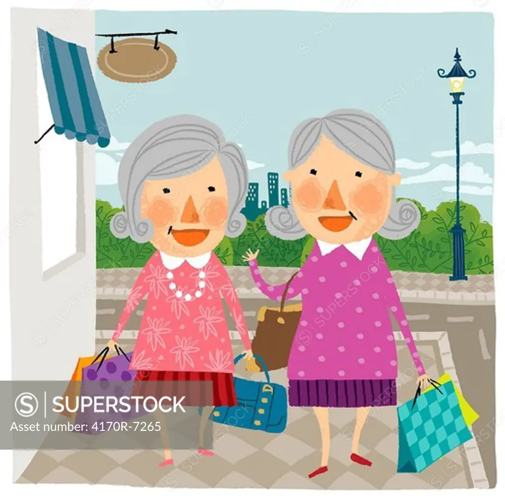 Two elderly woman arriving home from shopping