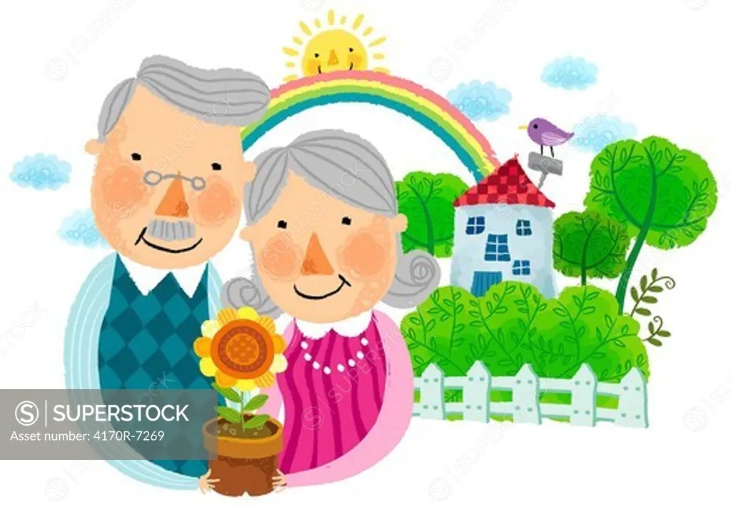 portrait of elderly couple holding flower pot