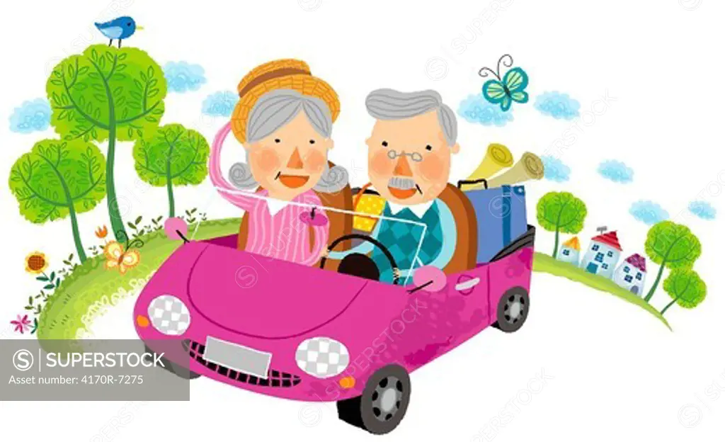 Elderly couple travelling on car