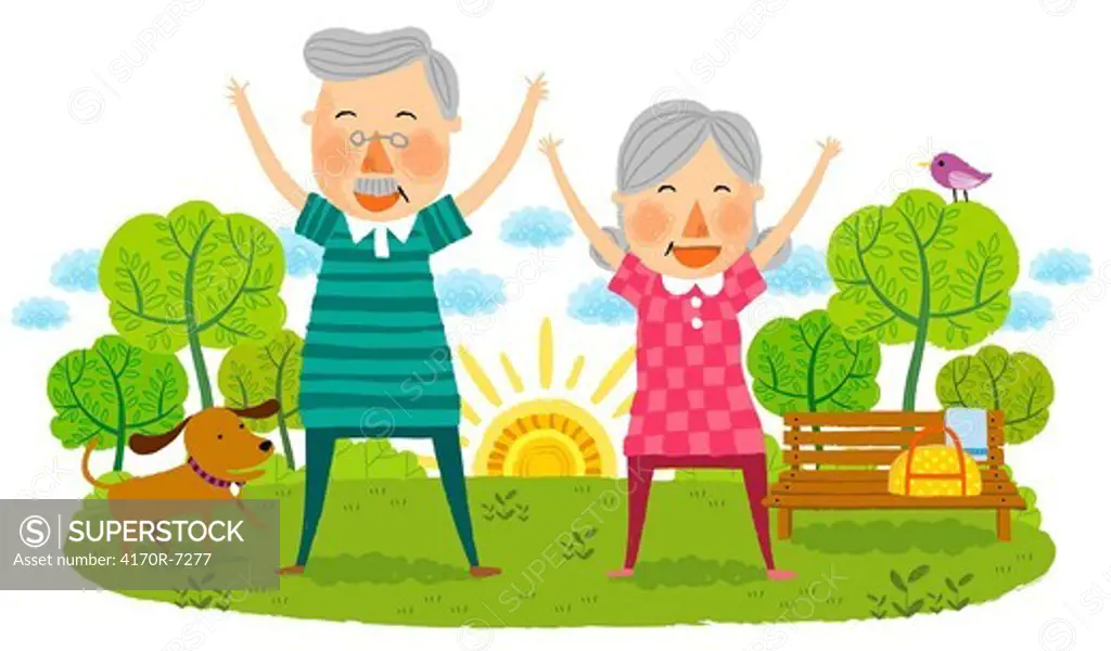 Elderly couple doing laughing exercise