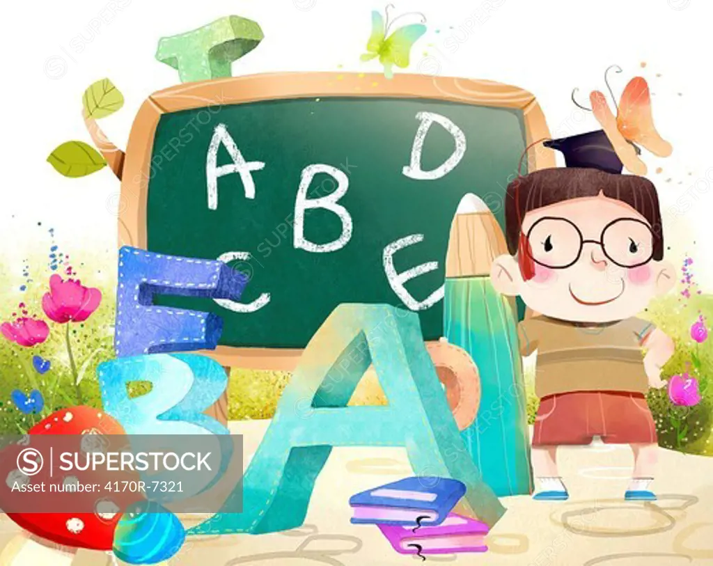 Portrait of boy with Blackboard and Alphabets