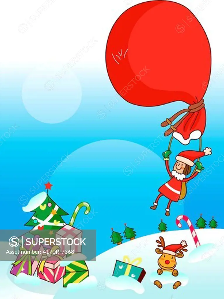 Girl in a Santa costume flying with a gift bag