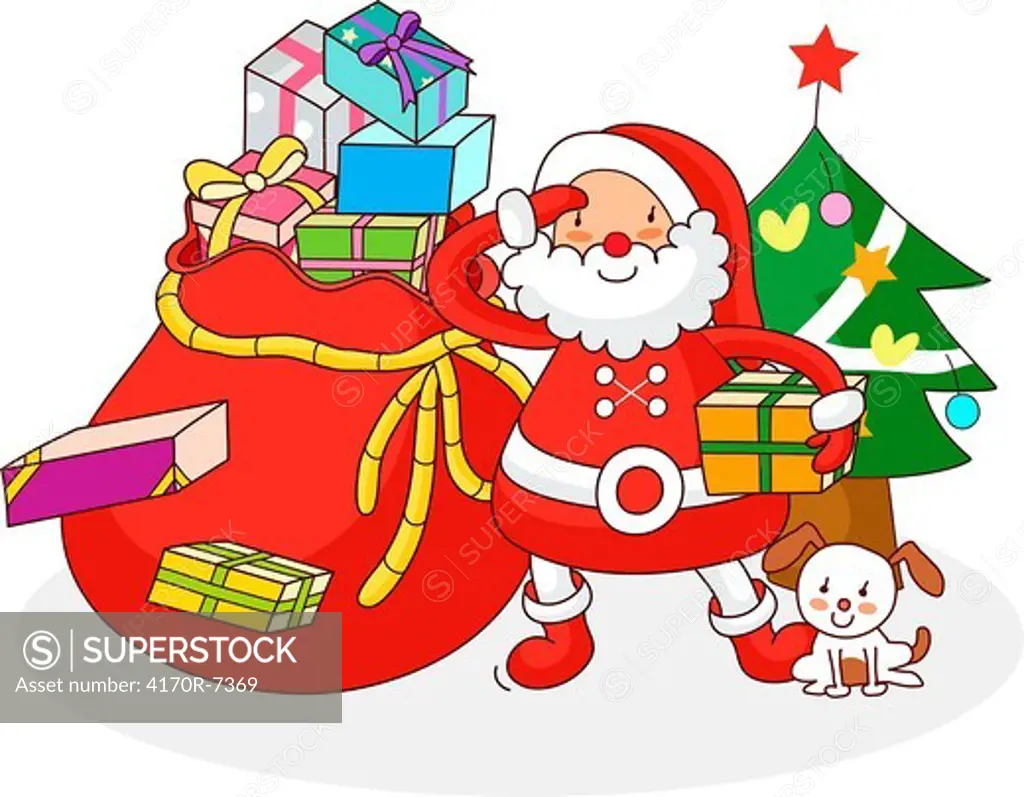 Santa Claus standing in front of a Christmas tree and holding a Christmas present