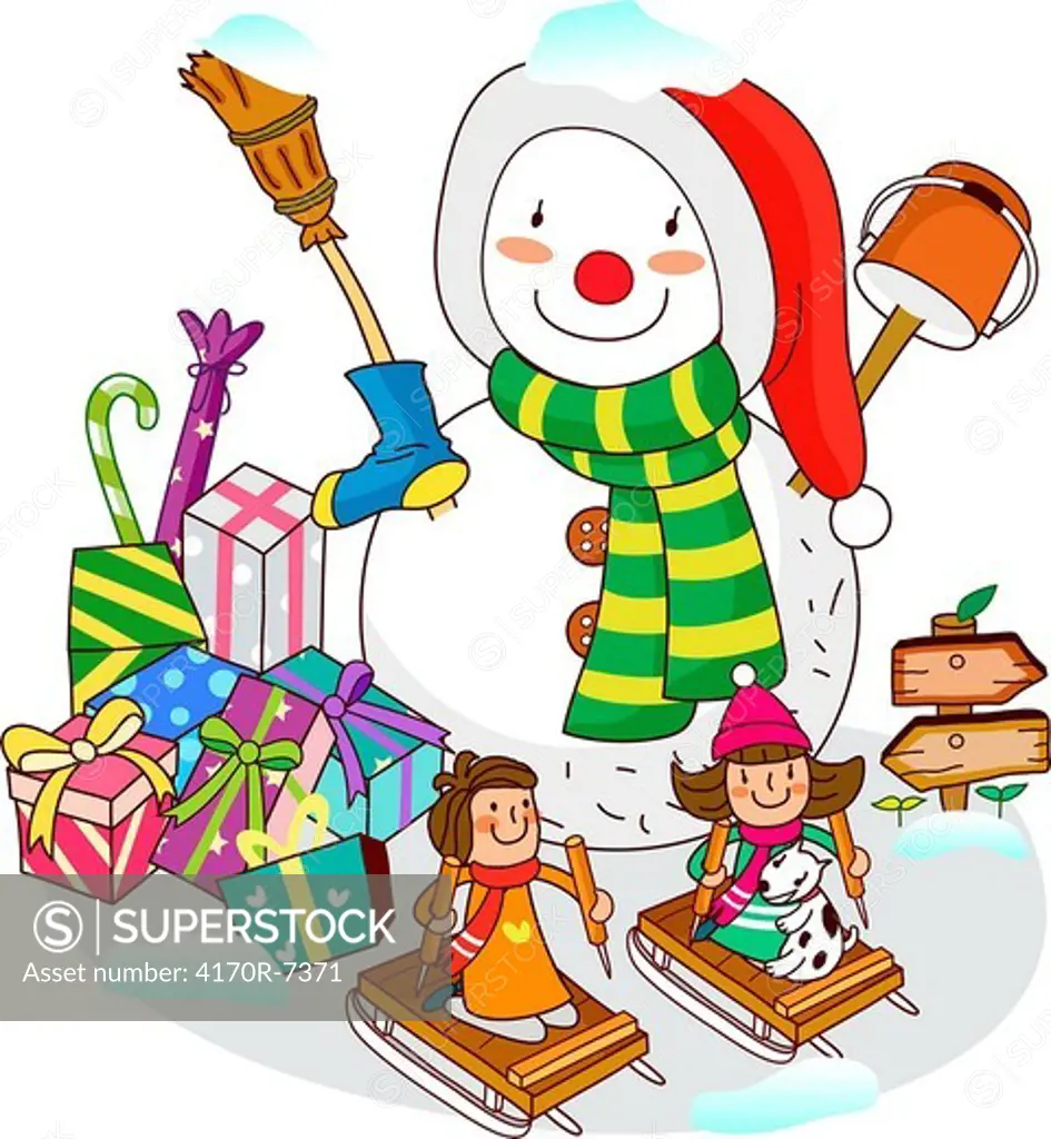 Two girls sitting on sleds with a snowman near Christmas presents