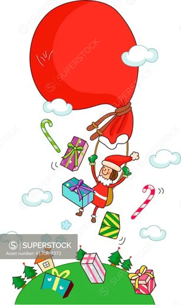 Girl in a Santa costume flying with a gift bag