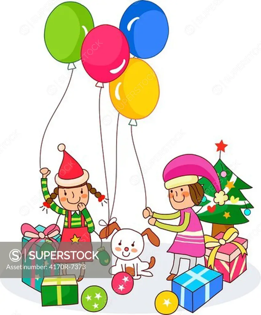 Two girls playing with balloons near Christmas presents