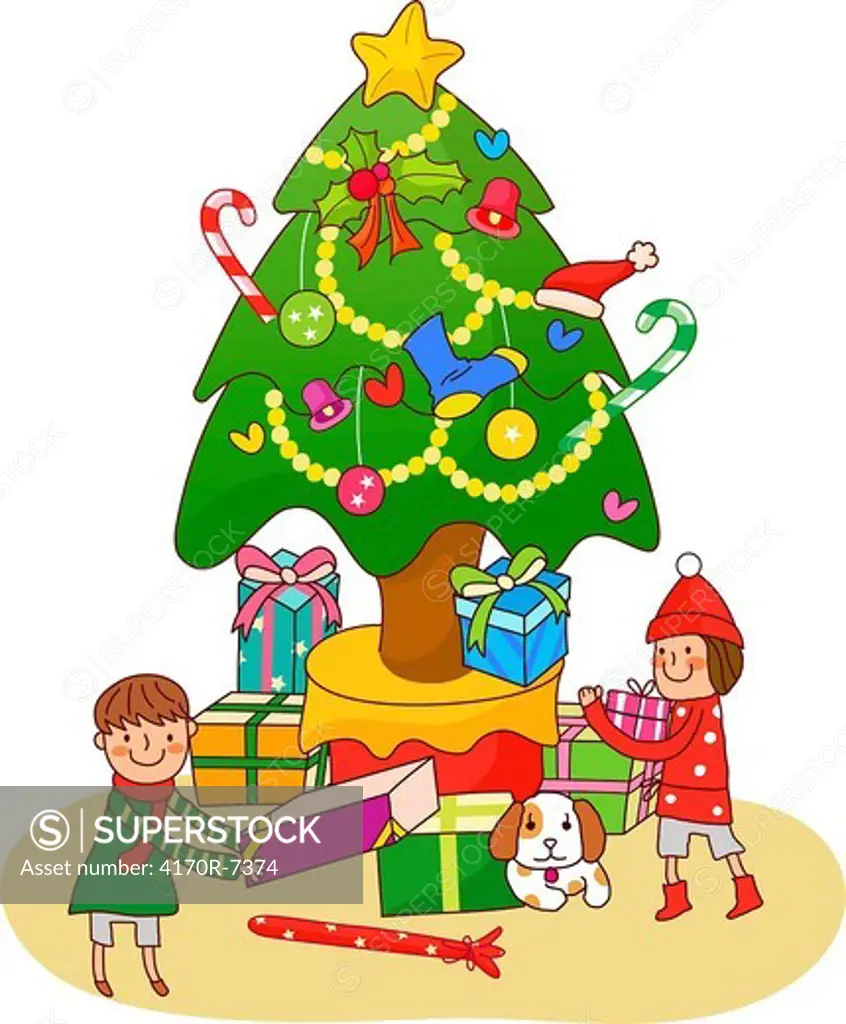 Boy and a girl standing near a Christmas tree and holding Christmas presents