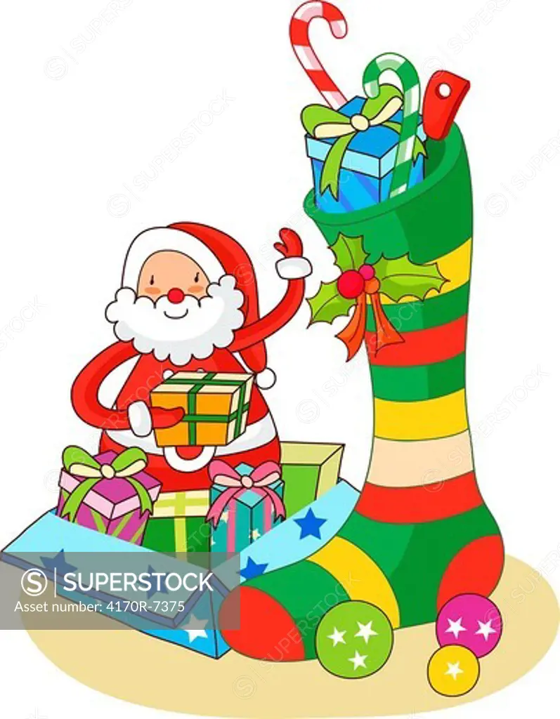 Santa Claus putting Christmas presents in a Christmas stocking