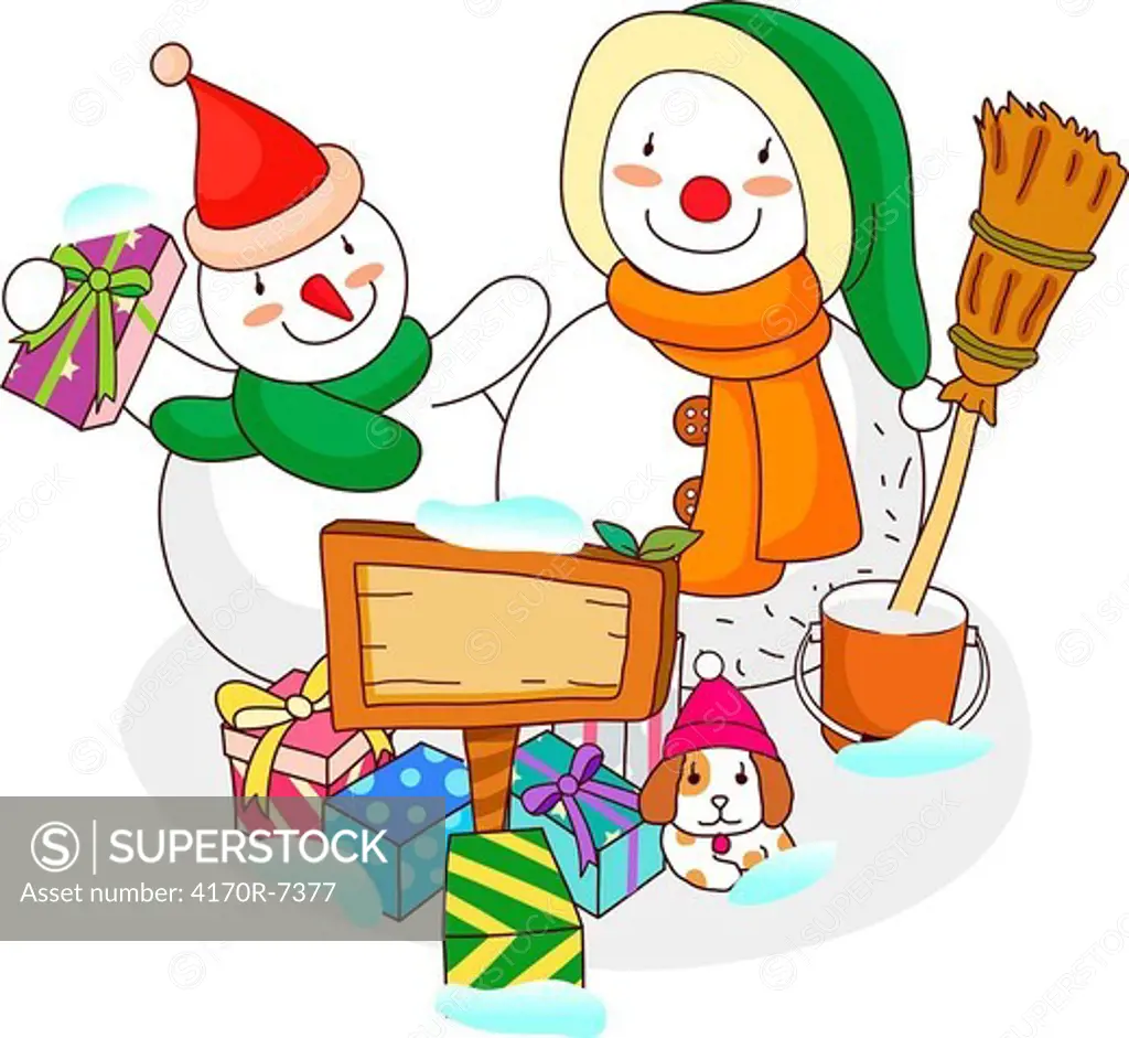 Snowman and a snowwoman with Christmas presents