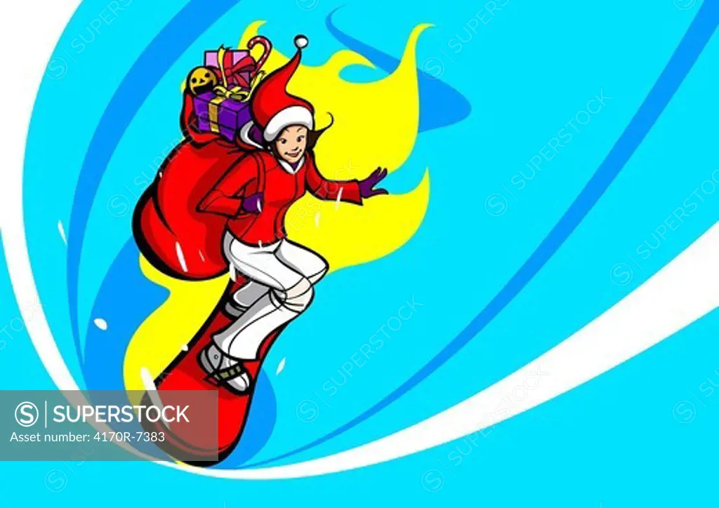 Side profile of a woman in a Santa costume snowboarding with a sack of Christmas presents on her back