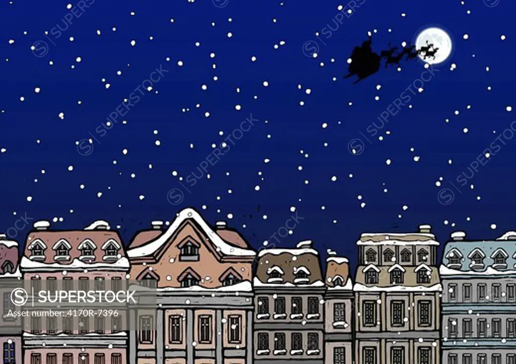 Silhouette of a Santa Claus on a sleigh flying over a city at night