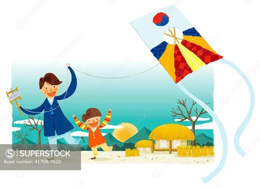 Portrait of father and son flying kite