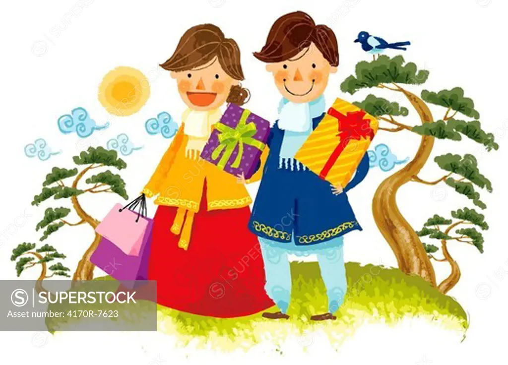 Couple carrying gifts boxes and shopping bag