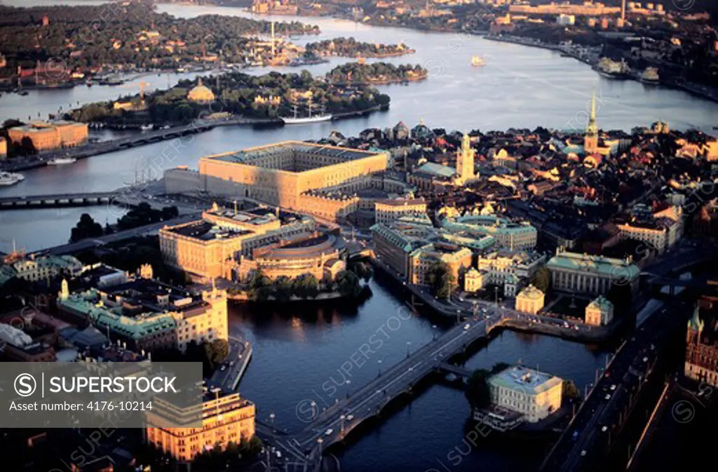 Aerial view of a cityscape with architectural buildings in the old district, Gamla Stan, Stockholm