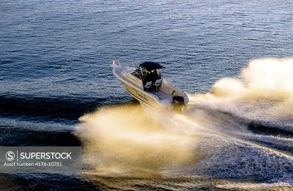 High angle view of a motorboat speeding in the sea