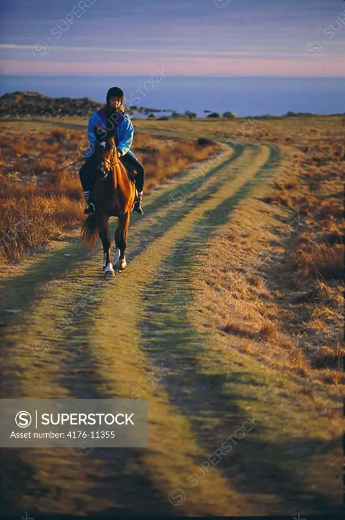 A person riding a horse on a curving track