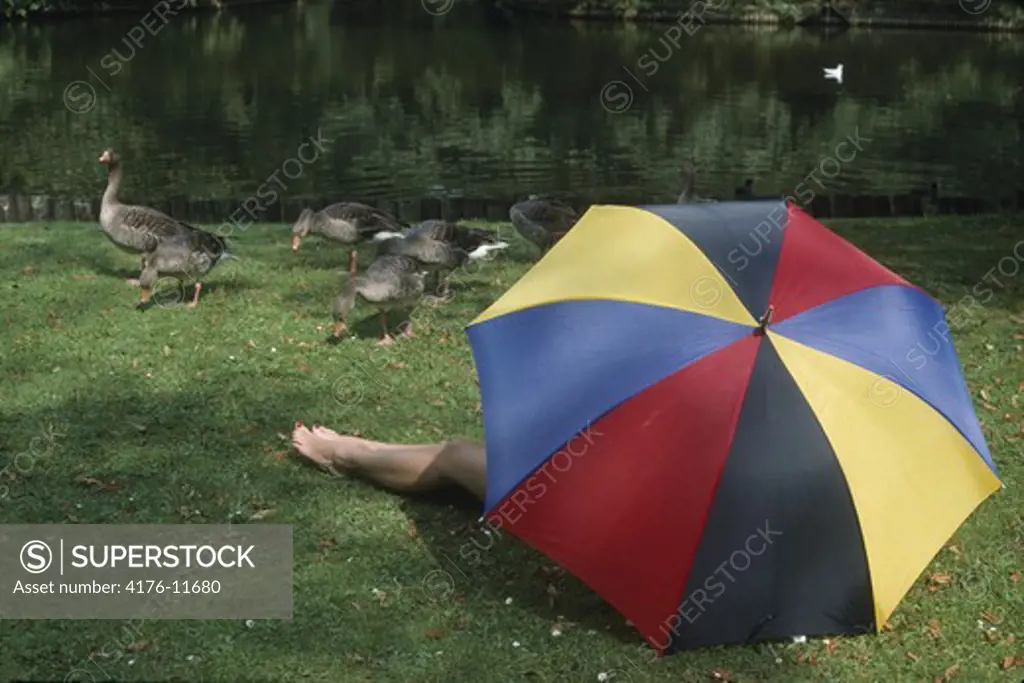 A person resting under colourful umbrella near the lake