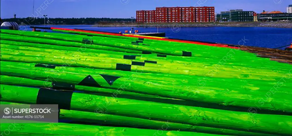 Panoramic view of green poles and buildings in Scandinavia, Sweden