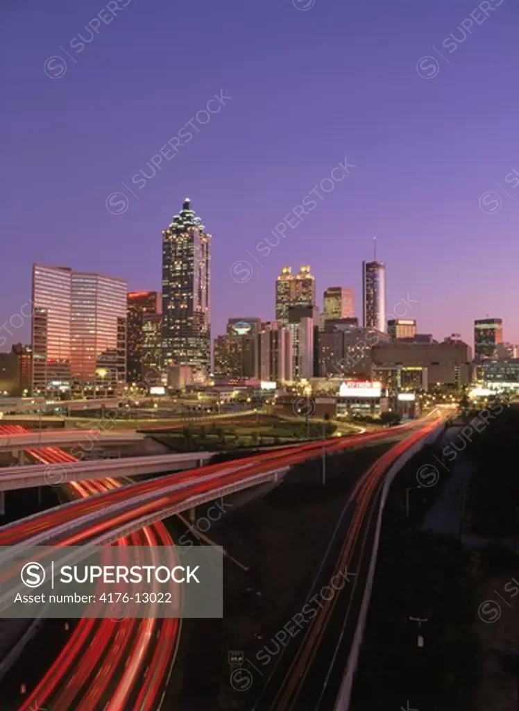 Atlanta Civic Center skyline with highways 75 and 85 at twilight