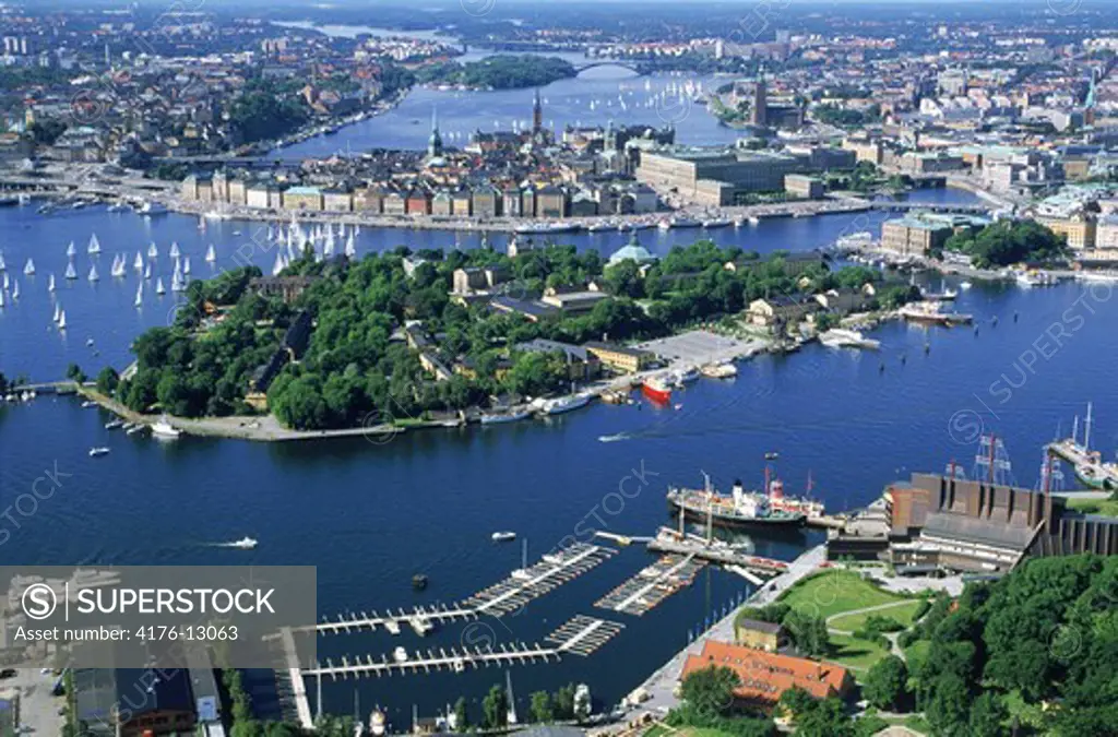 Aerial view of Stockholm over Skeppsholmen and Wasa Museum