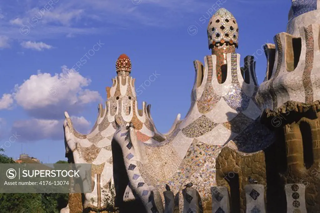 Mosaic towers by Gaudi at Park Guell in Barcelona
