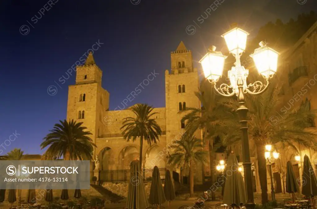 Cathedral in village of Cefalu at night in Sicily