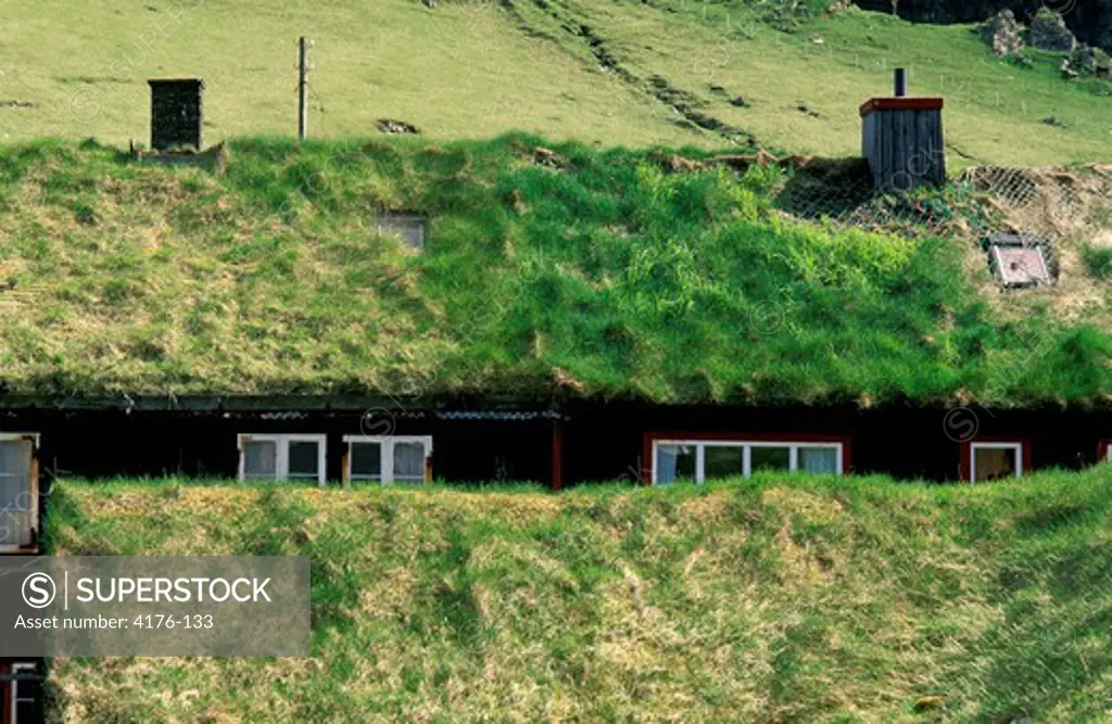 Faeroe Islands, Denmark - High angle view of sod covered houses